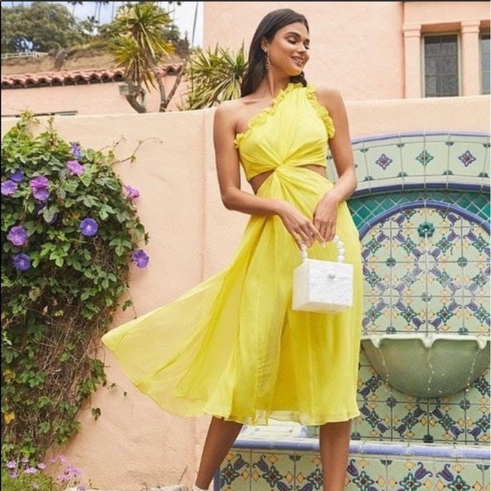 Cinq a Sept Corrine Yellow One Shoulder midi Dress - Picture 7 of 9